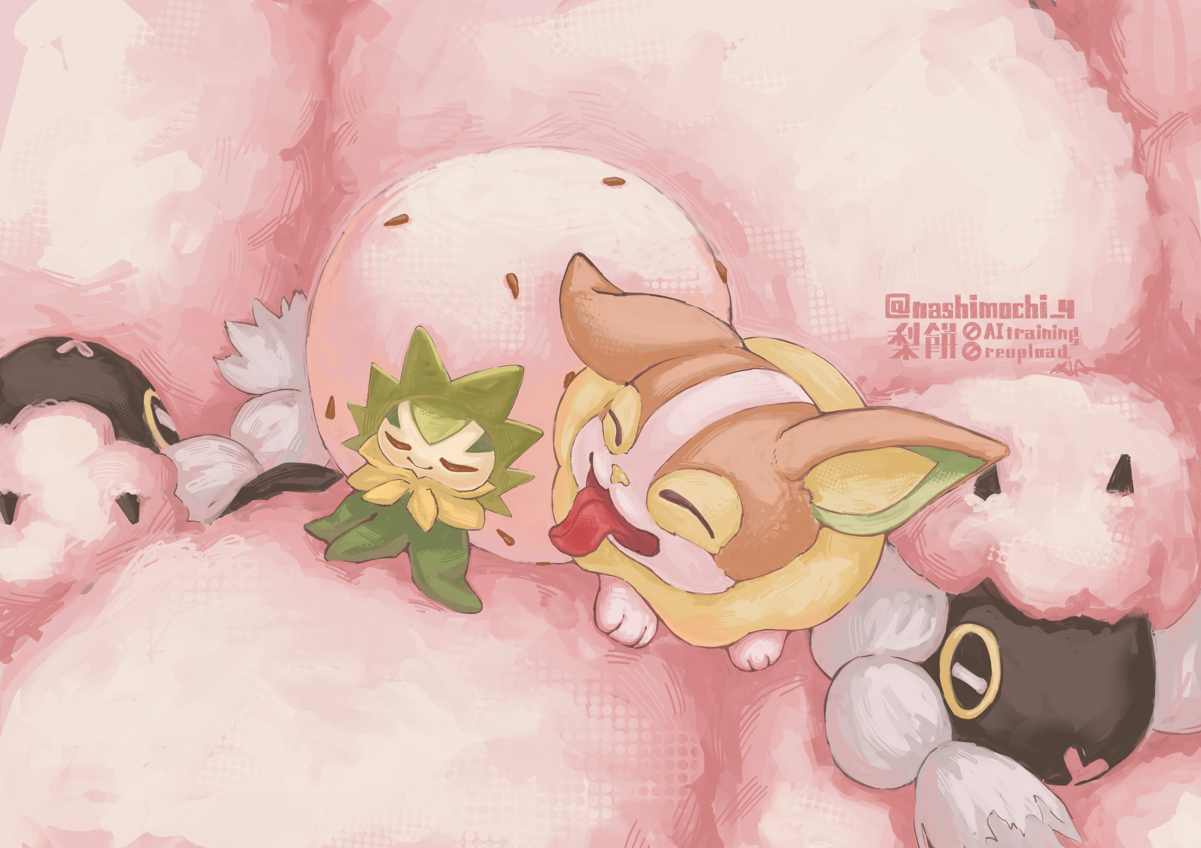 absurdres closed_eyes closed_mouth commentary eldegoss game_freak gen_8_pokemon highres nashimochi_4 nintendo no_humans open_mouth pokemon pokemon_(creature) pokemon_focus smile symbol-only_commentary tongue tongue_out twitter_username watermark wooloo yamper