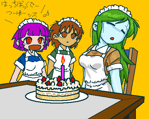 3girls aliasing animated animated_gif birthday blue_skin brown_eyes brown_hair cake colored_skin corpse dark-skinned_female dark_skin death dorei food futaba_channel green_hair lowres maid multiple_girls nijiura_maids panties pantyshot purple_hair red_eyes shitai simple_background thighhighs umisensha underwear yakui yellow_background