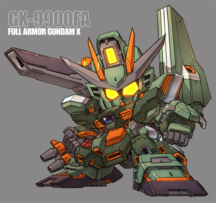 after_war_gundam_x arm_cannon character_name clenched_hands glowing glowing_eyes grey_background gundam gundam_x looking_at_viewer mecha mobile_suit no_humans redesign robot science_fiction shoulder_cannon solo susagane weapon yellow_eyes