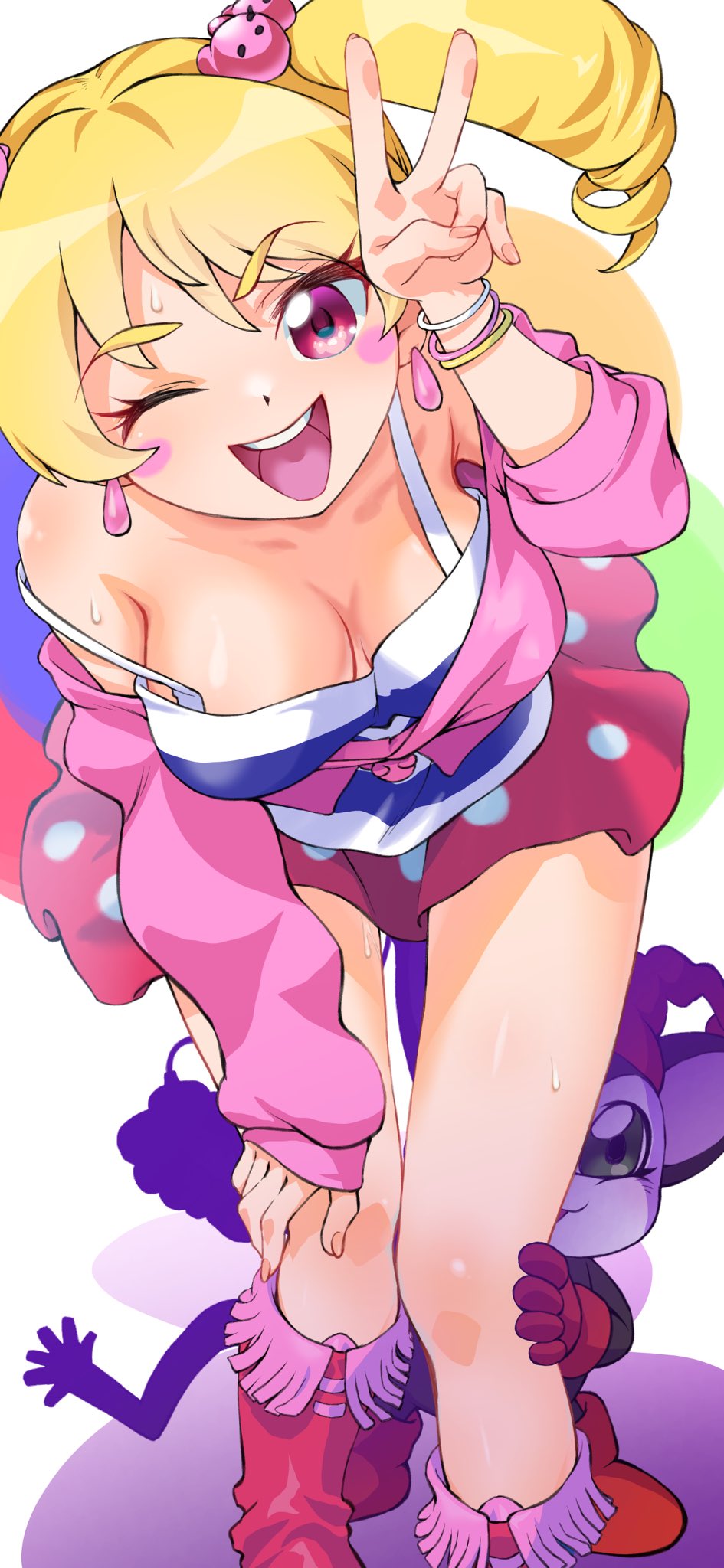 blonde_hair blush digimon digimon_(creature) digimon_xros_wars digimon_xros_wars:_toki_wo_kakeru_shounen_hunter-tachi gerusyu hair_ornament hairpin highres long_hair opossummon pink_eyes suzaki_airu twintails