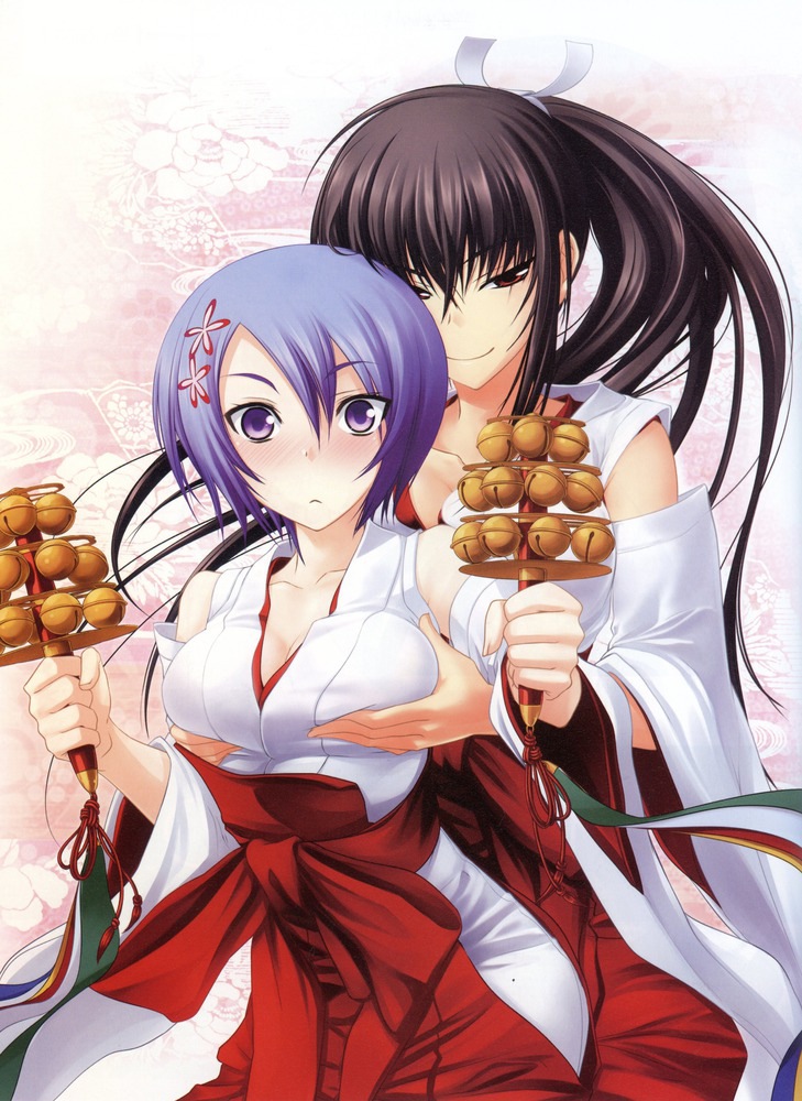 2girls bell blush breasts female_focus grabbing_another&#039;s_breast groping instrument japanese_clothes kawagishi_keitarou kawakami_momoyo maji_de_watashi_ni_koi_shinasai! miko multiple_girls ponytail shiina_miyako short_hair tagme wagi yuri