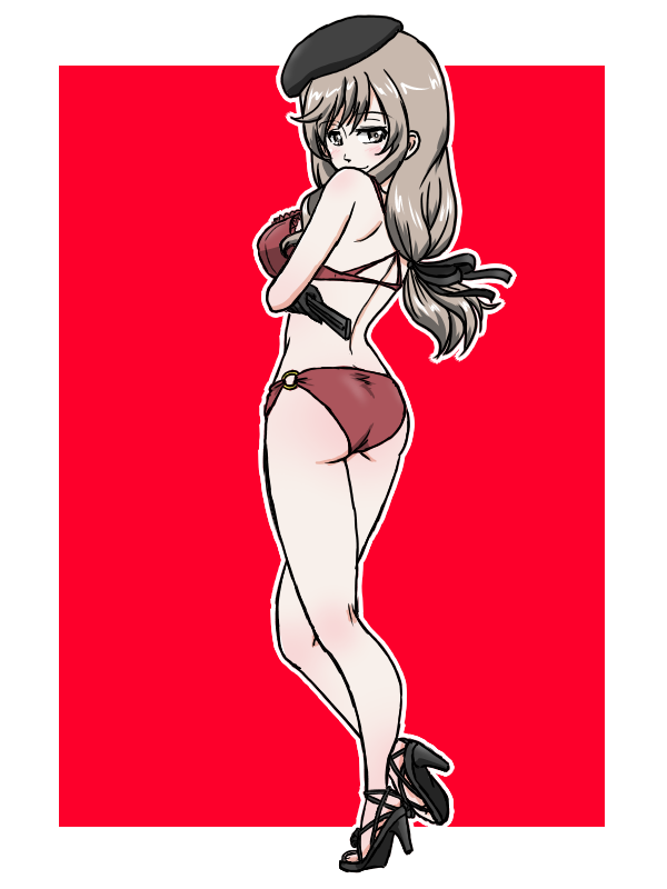 1girl bikini black_hat black_ribbon from_behind girls_und_panzer green_eyes grey_hair hand_fan hat holding holding_fan long_hair low_ponytail mature_female o-ring o-ring_bikini ponytail red_background red_bikini ribbon shimada_chiyo simple_background swimsuit takahashi_kurage