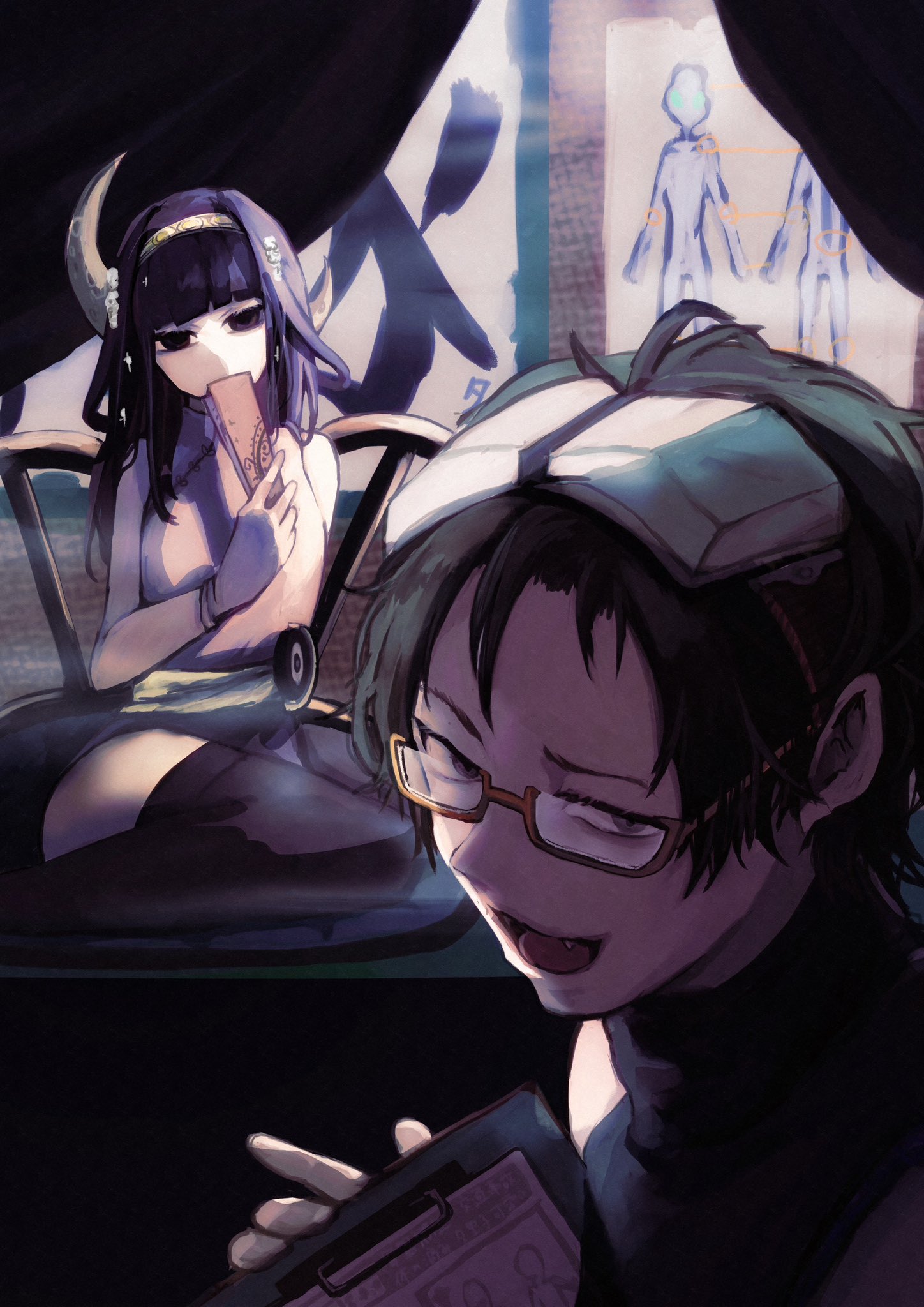 1boy 1girl animal_ears black_hair cat_ears chibi full_body glasses gnosia goggles green_hair highres jacket jewelry koyuuuuuuuuuuu long_sleeves looking_at_viewer male_focus multiple_girls navel necklace sha-ming shirt short_hair smile tail yuriko_(gnosia)