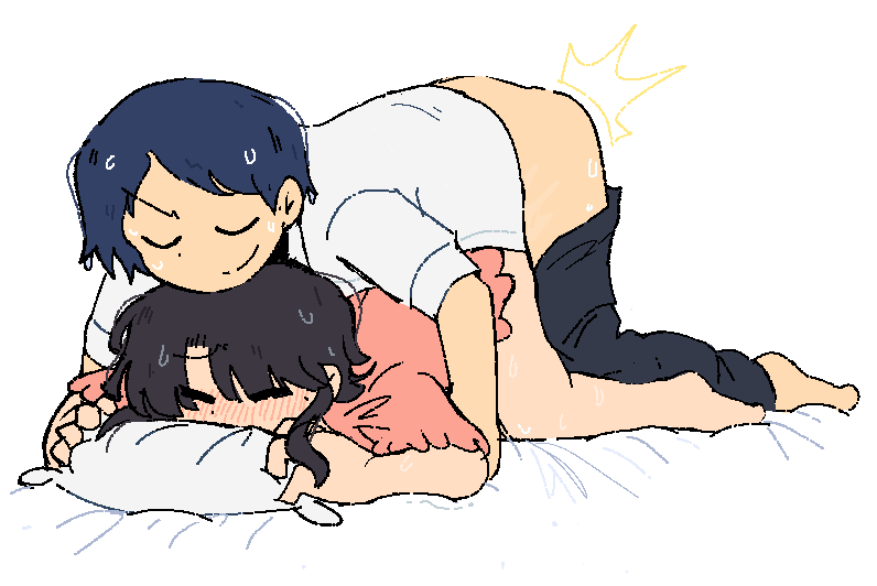 1boy 1girl =_= adatara_ryota azuredairy barefoot bed bed_sheet blue_hair blush city_(arawi_keiichi) closed_eyes closed_mouth clothes_pull doggystyle feet full-face_blush hetero makabe_matsuri pants pants_pull pillow pink_shirt sex sex_from_behind shirt smile smug sweat white_shirt