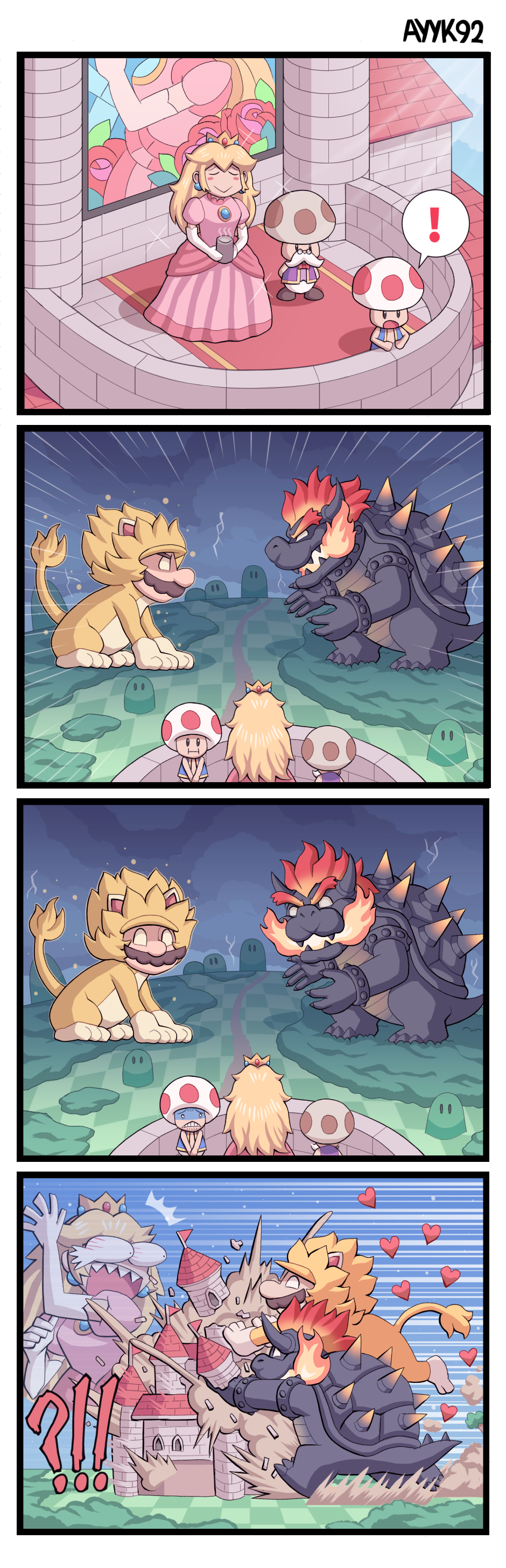 1girl 4boys absurdres ayyk92 bowser bugged_eyes bulging_eyes castle cat_mario dress electricity eye_pop facial_hair fury_bowser giga_cat_mario heart highres lightning looking_at_another mario mario_(series) multiple_boys mustache nintendo pink_dress princess_peach rain scared storm storm_cloud super_mario_3d_world tea toad_(mario) toadsworth wide-eyed