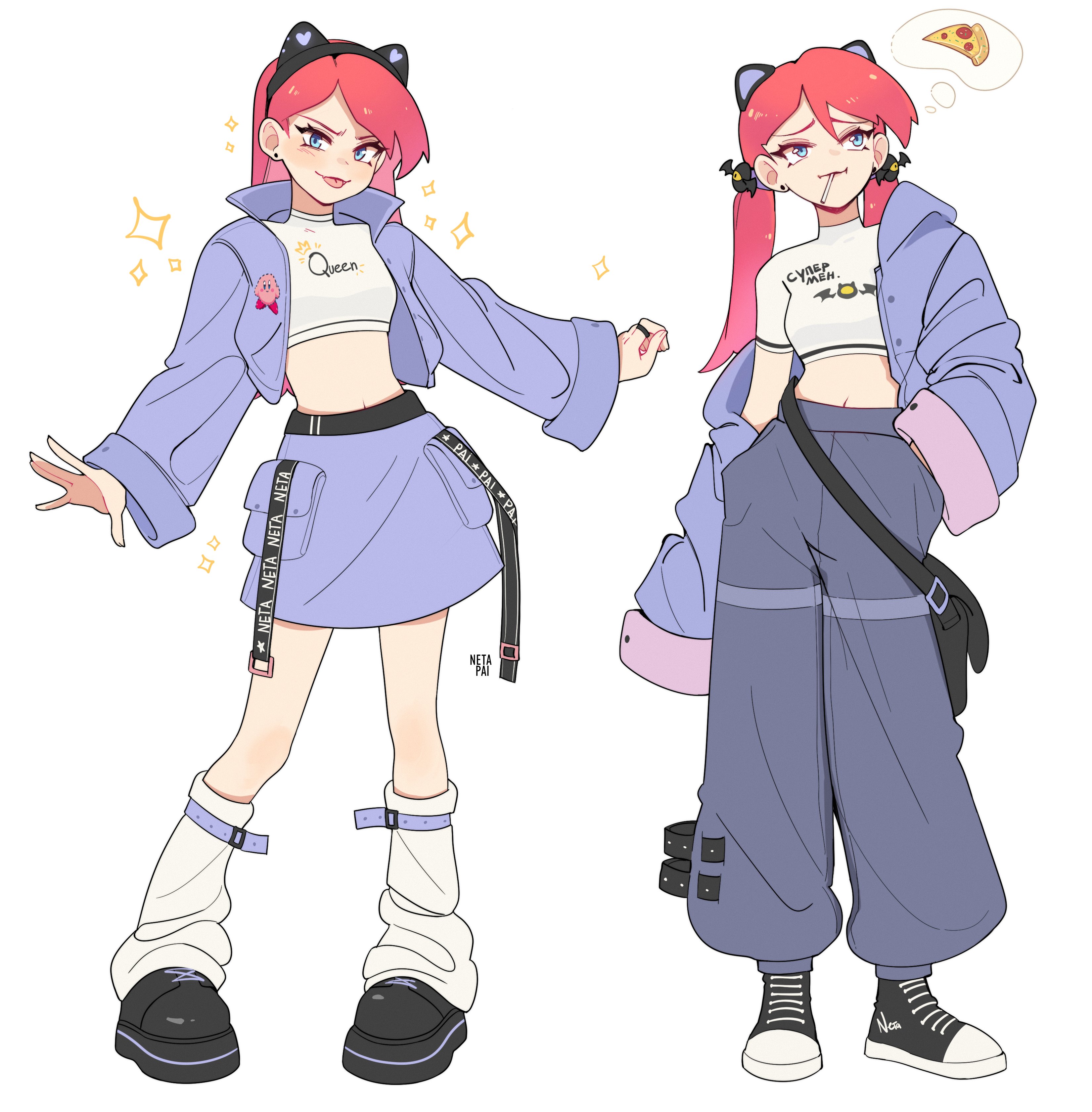 1girl absurdres animal_ears artist_name bag baggy_pants black_hairband blue_eyes blue_jacket boots breasts candy cat_ears commentary contrapposto crop_top cropped_shirt english_commentary fake_animal_ears food hairband hand_in_pocket high-waist_pants high-waist_skirt highres jacket jewelry lollipop long_hair loose_socks low_twintails midriff miniskirt navel netapai1 off_shoulder original pants pizza pizza_slice red_hair ring shoes simple_background skirt small_breasts sneakers socks speech_bubble thought_bubble turtleneck twintails vans wide_sleeves