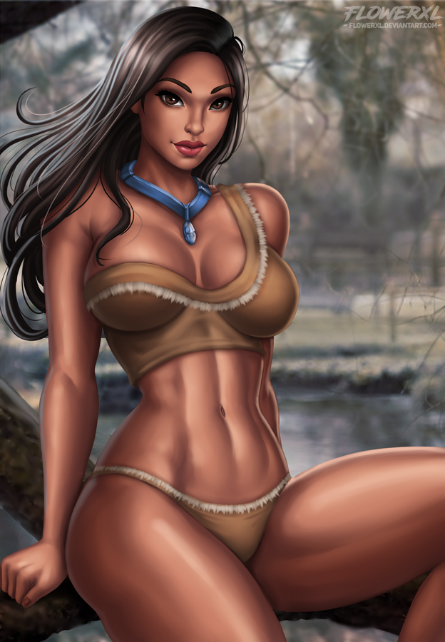 1girl alternate_costume artist_name black_hair blurry blurry_background bra breasts brown_bra brown_eyes brown_panties dark-skinned_female dark_skin depth_of_field flowerxl large_breasts long_hair looking_at_viewer native_american navel panties pocahontas_(disney) pocahontas_(movie) solo underwear