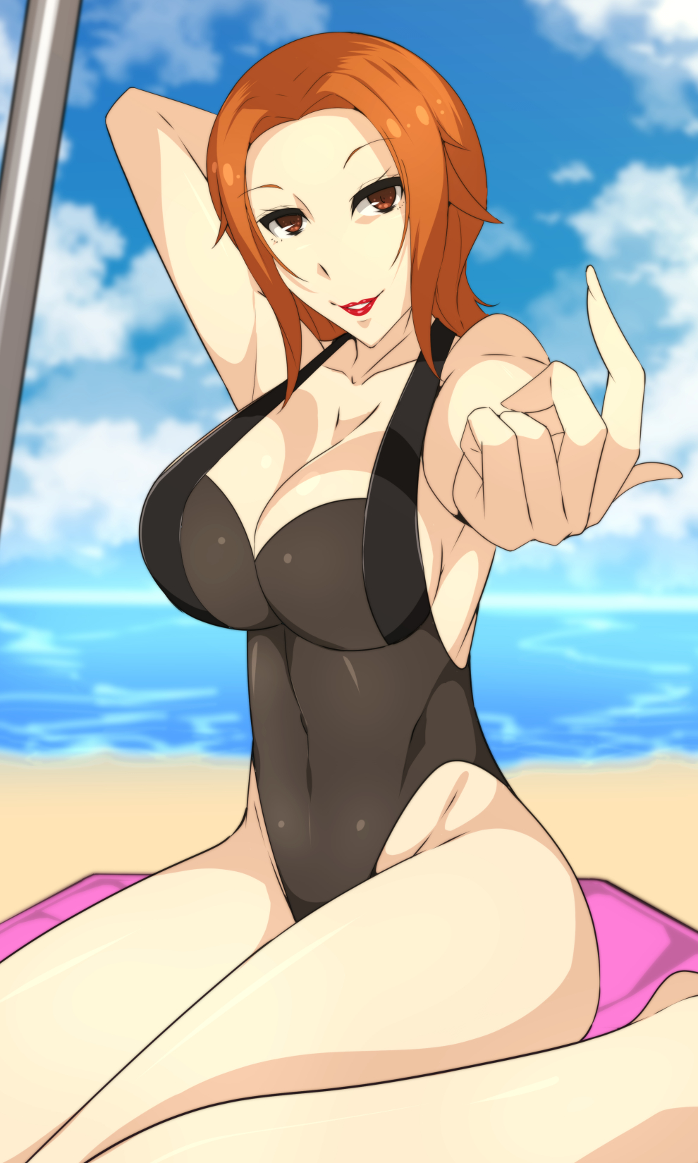 1girl beach black_one-piece_swimsuit blue_sky breasts brown_eyes byakkun8181 cleavage curvy day fingernails highleg highleg_one-piece_swimsuit highres jewelry kashiwagi_noriko large_breasts lips lipstick looking_at_viewer makeup necklace one-piece_swimsuit orange_hair persona persona_4 red_lips see-through_clothes see-through_one-piece_swimsuit short_hair simple_background sky swimsuit text_focus translation_request underwear wide_hips