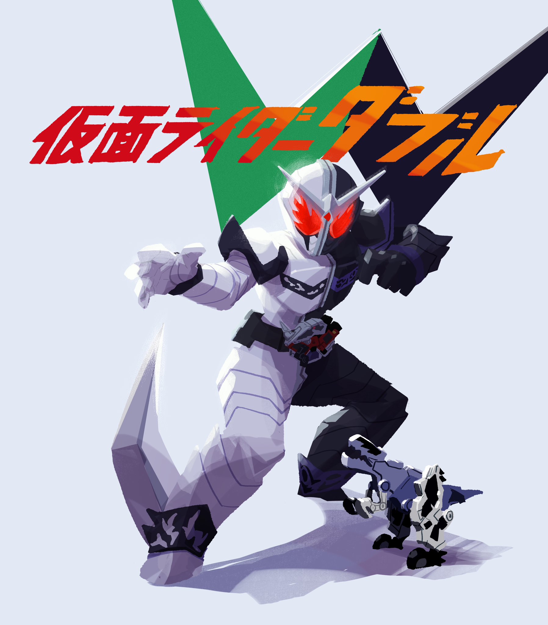 1boy antennae armor belt black_armor black_bodysuit bodysuit compound_eyes dinosaur double_driver doubledriver fang_memory fighting_stance finishing_move full_armor full_body gaia_memory gloves glowing glowing_eyes helmet highres holding kamen_rider kamen_rider_double kamen_rider_double_(fangjoker) kamen_rider_w leg_blade looking_at_viewer male_focus penpenhuihui red_eyes rider_belt simple_background solo standing tokusatsu weapon white_armor white_background