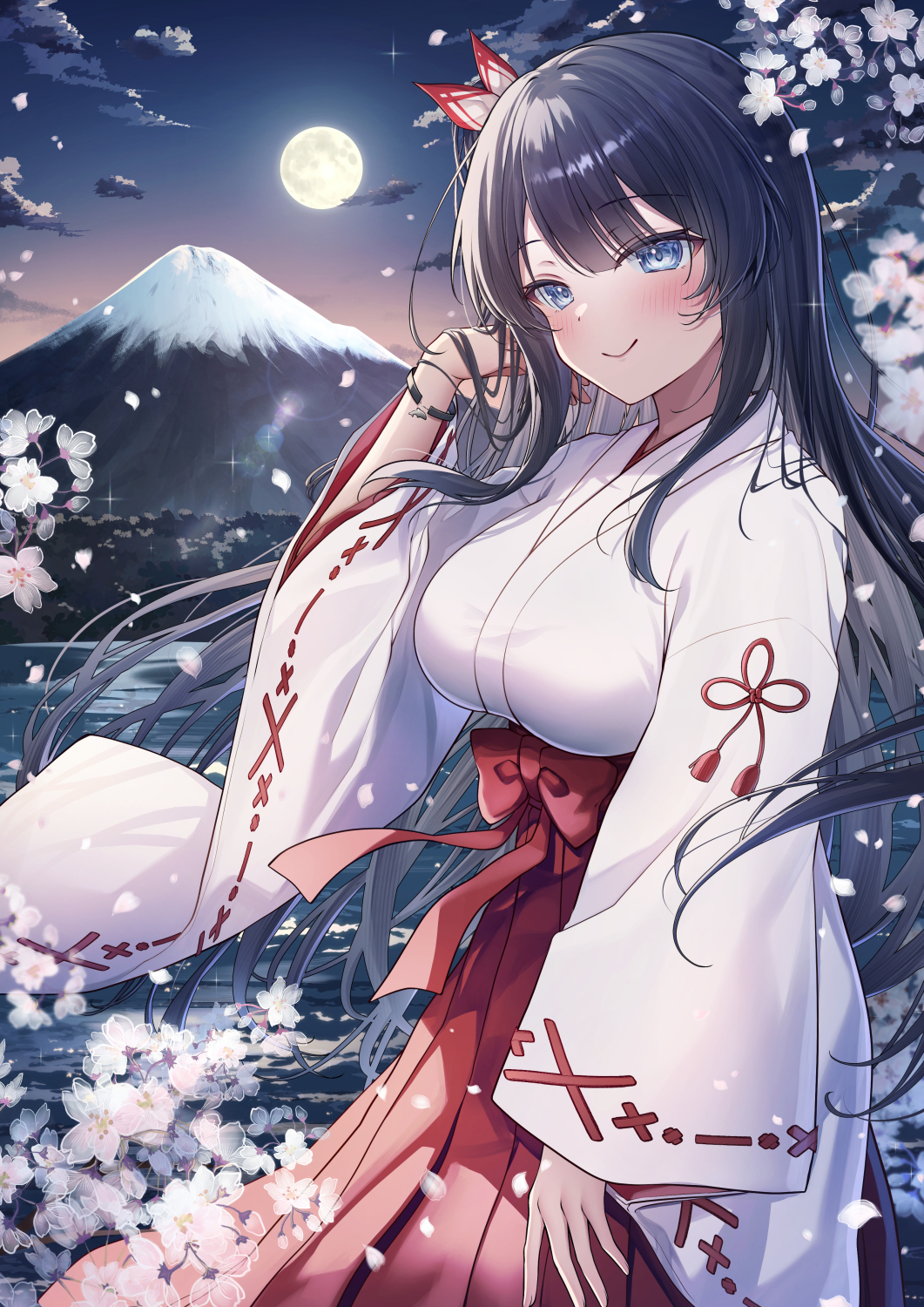 1girl black_hair blue_eyes blush bow branch breasts closed_mouth cloud commentary_request flower full_moon gyozanuko hakama hand_up highres japanese_clothes kimono large_breasts long_hair long_sleeves looking_at_viewer miko moon mountain night night_sky original outdoors petals red_bow red_hakama sky smile solo very_long_hair water white_flower white_kimono wide_sleeves