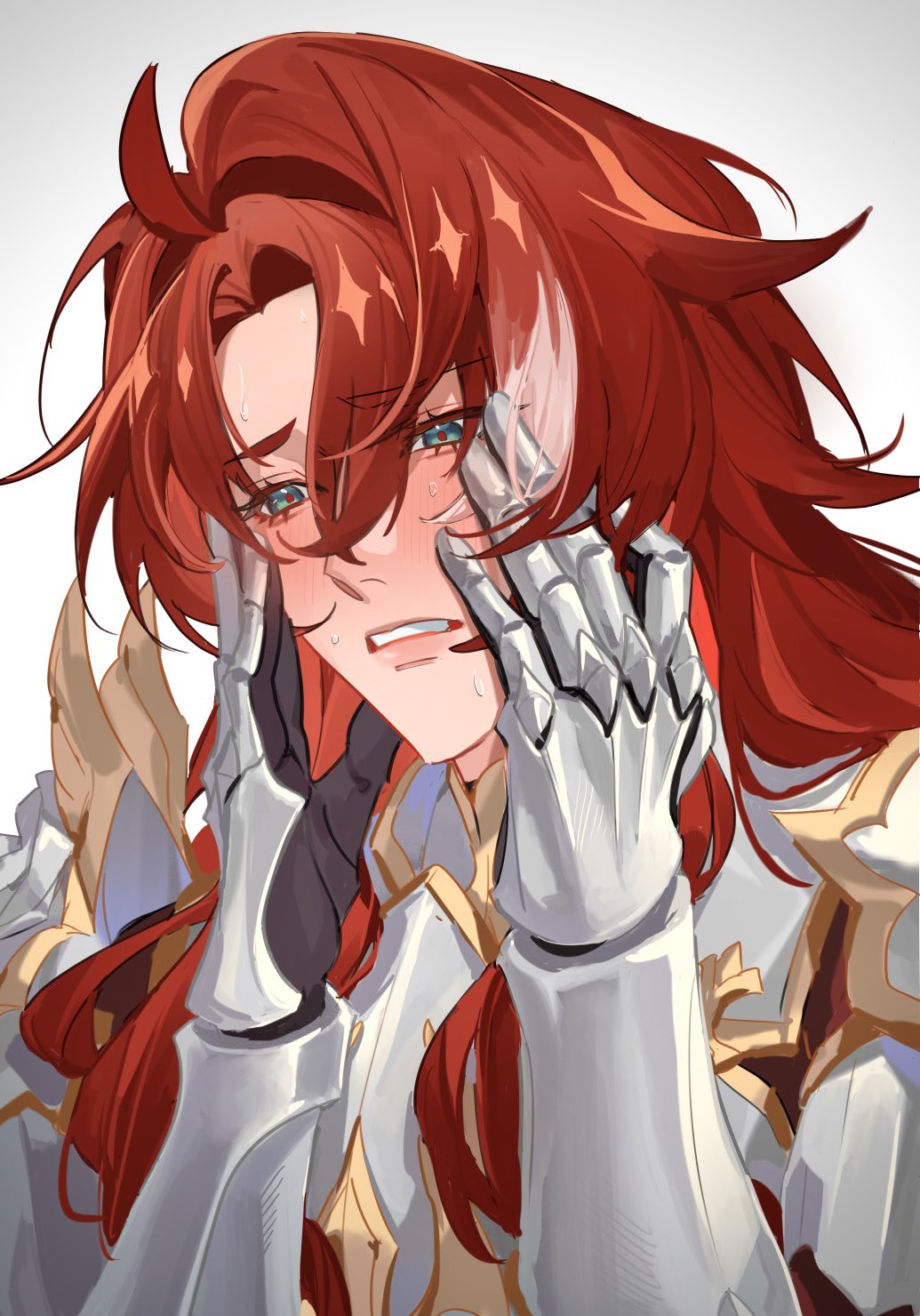 1boy argenti_(honkai:_star_rail) armor arms_up blush breastplate commentary curtained_hair embarrassed eyelashes gauntlets gold_trim green_eyes hands_on_own_face highres honkai:_star_rail honkai_(series) long_hair male_focus multicolored_hair parted_lips pauldrons red_hair samegorou_62 shoulder_armor solo streaked_hair teeth upper_body white_armor white_background white_hair