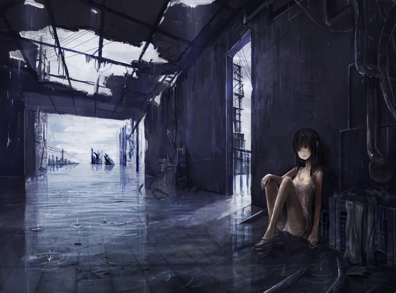 1girl against_wall barefoot black_eyes black_hair camisole cloud cloudy_sky expressionless female_focus flood hair_over_one_eye long_hair looking_away original panties rain ripples ruins scenery sitting sky soaking_feet solo toi_(number8) underwear water wet white_panties