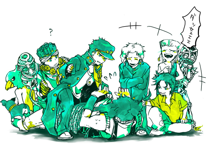 6+boys age_regression aged_down alessi bad_id bad_pixiv_id child dog hierophant_green iggy_(jojo) jean_pierre_polnareff jojo_no_kimyou_na_bouken joseph_joestar joseph_joestar_(young) kakyoin_noriaki kuujou_joutarou laughing magician&#039;s_red male_focus mohammed_avdol multiple_boys orchidea silver_chariot simple_background stand_(jojo) white_background