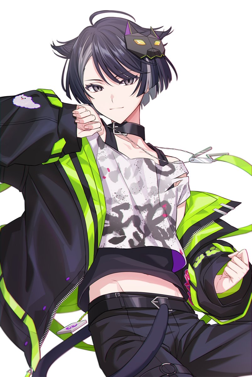 18trip 1boy arm_up belt belt_buckle belt_collar black_belt black_collar black_hair black_mask black_pants black_tank_top buckle clenched_hand closed_mouth collar commentary cropped_legs curled_fingers dog_tags dutch_angle grey_eyes groin highres jacket kaguya_muneuji kn_(akairo0530) layered_clothes light_smile long_sleeves looking_at_viewer male_focus mask mask_on_head midriff multicolored_hair pants print_shirt shirt simple_background sleeves_past_wrists solo streaked_hair tank_top two-sided_fabric white_background