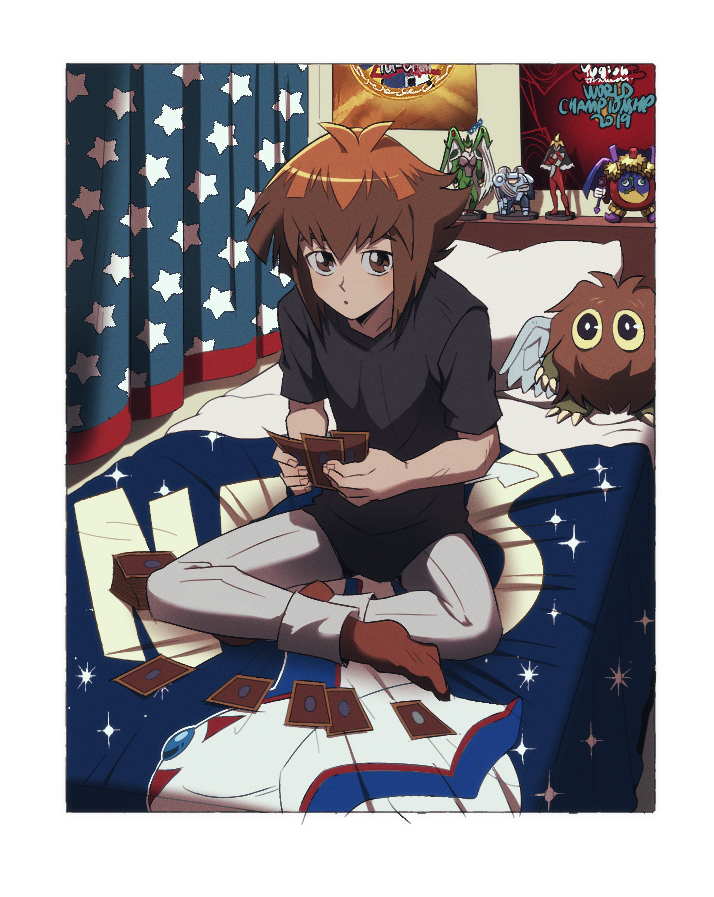 1boy :o bedroom blush brown_hair card character_print duel_academy_uniform_(yu-gi-oh!_gx) elemental_hero_avian elemental_hero_bubbleman elemental_hero_burstinatrix elemental_hero_neos figure full_body hair_between_eyes holding holding_card long_sleeves looking_at_viewer male_focus multicolored_hair p5naq_pv pants playing_card shirt short_hair sitting socks t-shirt time_wizard two-tone_hair winged_kuriboh yu-gi-oh! yu-gi-oh!_gx yuki_judai