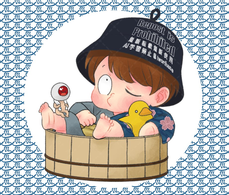 baby barefoot basket biting_another&#039;s_leg black_hat brown_hair bucket_hat child floral_print floral_print_kimono gegege_no_kitarou hat holding holding_sack holding_towel holding_toy iworihase japanese_clothes jinbei_(clothes) kimono kitarou kitarou_tanjou:_gegege_no_nazo medama_oyaji one_eye_closed one_eye_covered onsen parted_bangs patterned_background print_kimono puffy_cheeks sack towel towel_around_neck toy twitter_username watermark