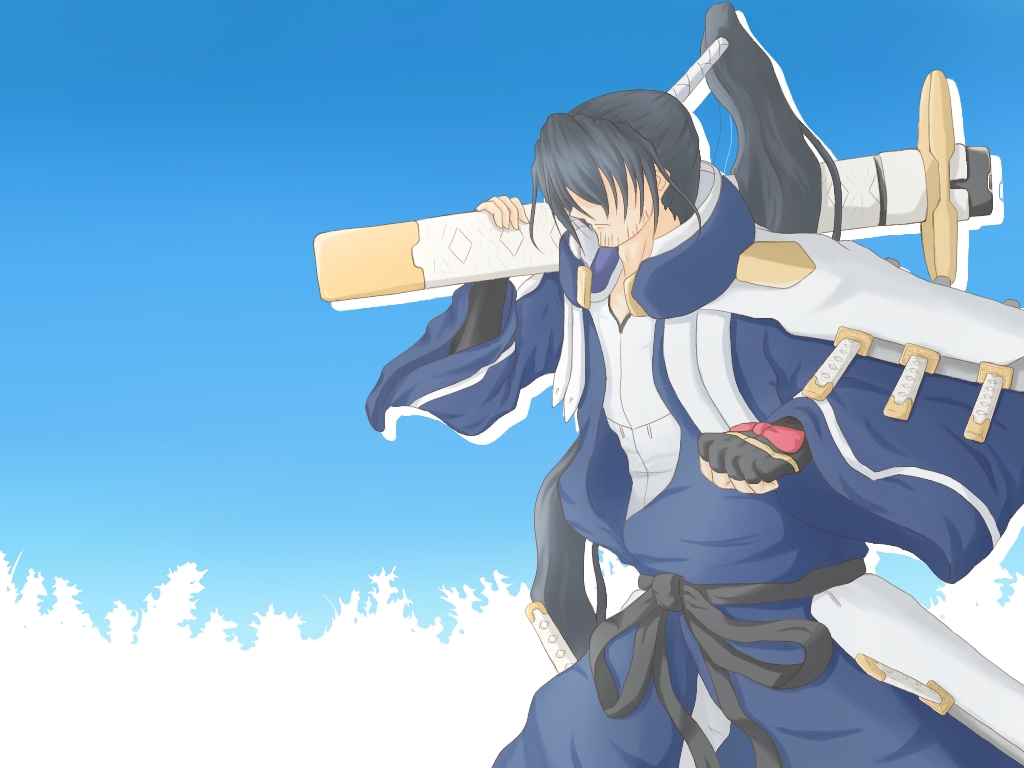 1boy artist_request black_hair fingerless_gloves giant_sword gloves hair_over_eyes hilt kyoukaisenjou_no_horizon male_focus ponytail solo walter_raleigh weapon