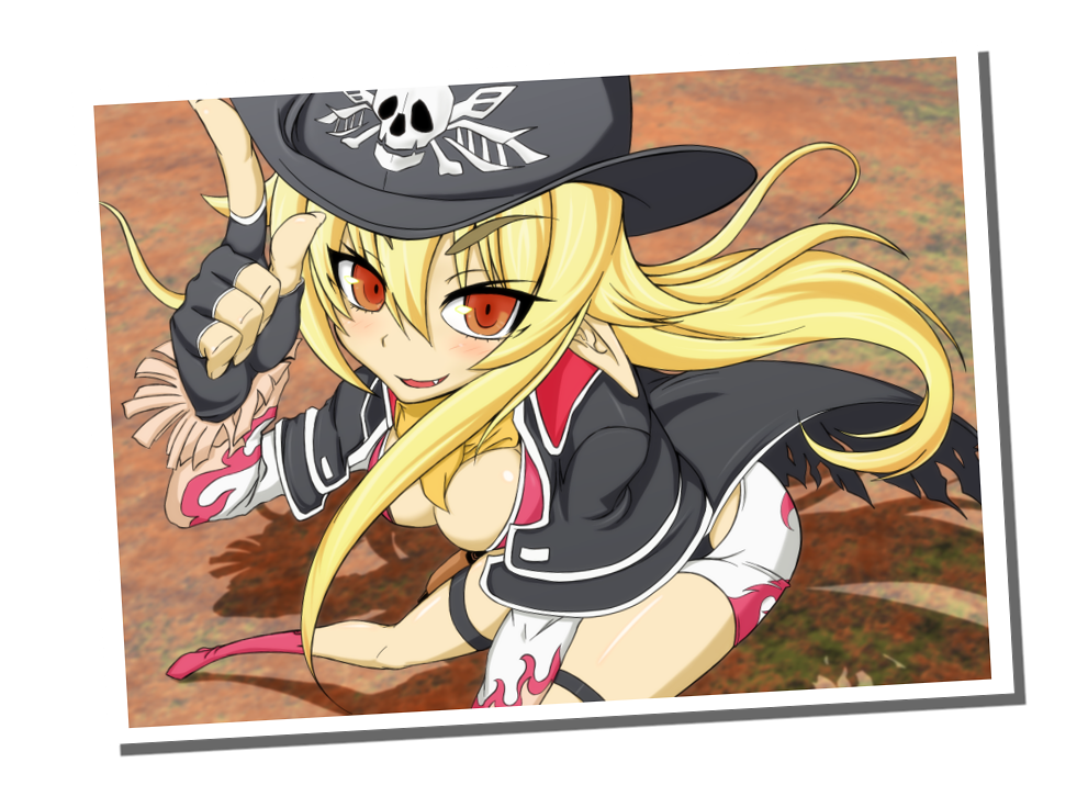 1girl ashikaga_chachamaru blonde_hair breasts cleavage cosplay donne_anonime donne_anonime_(cosplay) fang female_focus fingerless_gloves foreshortening gloves hat jacket long_hair nitroplus nonoke-alternative photo_(object) pointy_ears red_eyes short_shorts shorts solo soukou_akki_muramasa thigh_strap zoku_satsuriku_no_django