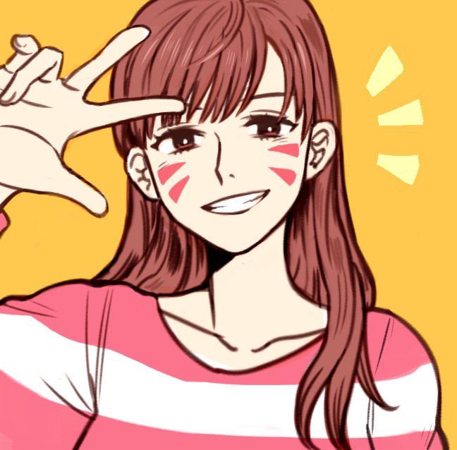 1girl :d ^^^ bad_id bad_twitter_id bosong_beoseot brown_eyes brown_hair d.va_(overwatch) facepaint facial_mark female_focus grin hand_up long_hair long_sleeves looking_at_viewer matching_hair/eyes open_mouth overwatch overwatch_1 shirt smile solo striped_clothes striped_shirt teeth w whisker_markings white_background yellow_background