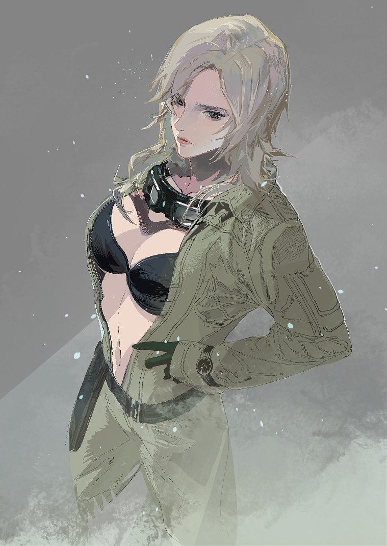 1girl belt bikini bikini_under_clothes black_bikini blonde_hair blue_eyes breasts cleavage cofffee collarbone eva_(metal_gear) gloves goggles goggles_around_neck jumpsuit large_breasts lips long_hair metal_gear_(series) metal_gear_solid open_clothes open_jumpsuit solo swimsuit watch wristwatch