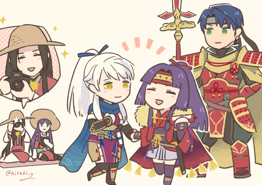 altina_(fire_emblem) armor artist_name blue_scarf camera chibi closed_eyes commentary fire_emblem fire_emblem:_radiant_dawn fire_emblem_heroes hat headband hitaki_y holding holding_polearm holding_weapon japanese_armor long_hair long_scarf micaiah_(fire_emblem) micaiah_(ninja)_(fire_emblem) ninja nintendo open_mouth polearm ponytail red_headband sanaki_kirsch_altina sanaki_kirsch_altina_(ninja) scarf seiza sephiran_(fire_emblem) sephiran_(winter)_(fire_emblem) simple_background sitting spear standing symbol-only_commentary taking_picture weapon white_background white_hair yellow_eyes zelgius_(fire_emblem) zelgius_(ninja)_(fire_emblem)
