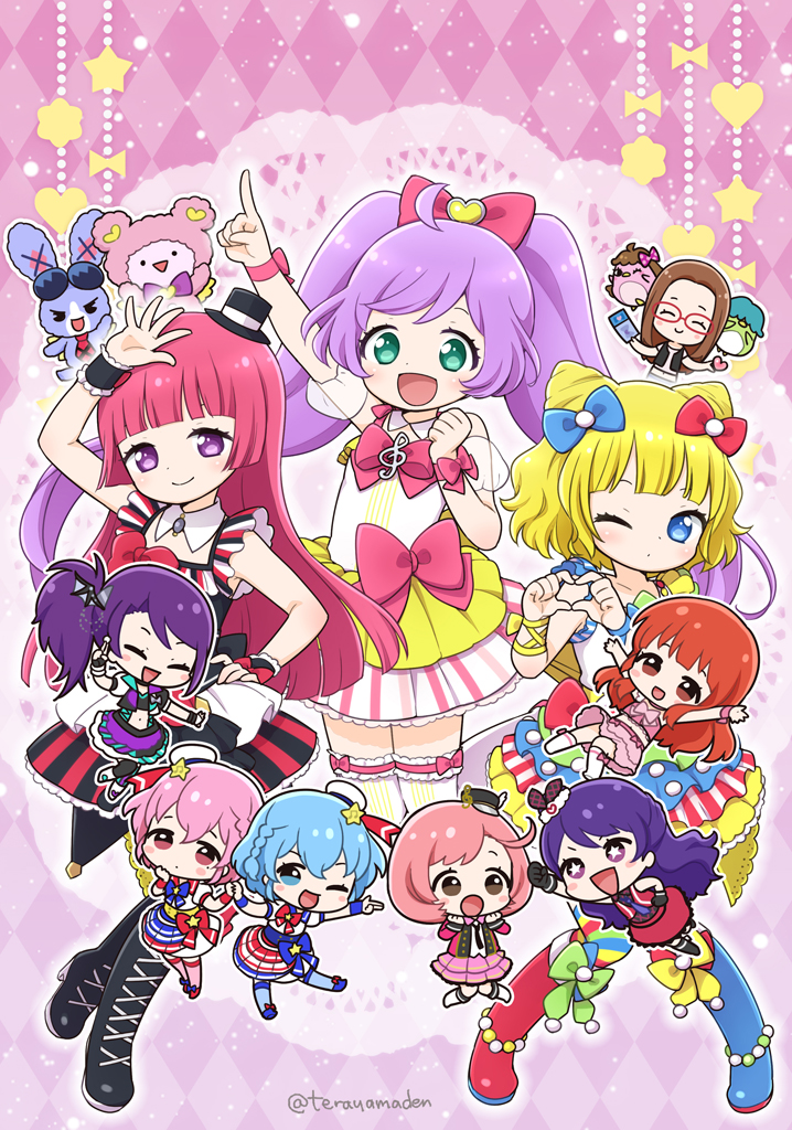 1boy 6+girls :d :o ;d ageha_mia ahoge akai_meganee argyle_background argyle_clothes arm_up asymmetrical_footwear ayase_naru black_footwear blonde_hair blue_bow blue_eyes blue_footwear blue_hair blunt_bangs blush boots bow braid brother_and_sister brown_eyes brown_hair chibi closed_eyes cone_hair_bun crossdressing detached_collar detached_sleeves dorothy_west double_bun dress full_body green_bow green_eyes hair_bow hair_bun hand_on_own_hip hands_up harune_aira hat heart heart_hands hojo_sophy idol_clothes index_finger_raised jumping knee_boots knees_together_feet_apart kuma_(pripara) long_hair looking_at_viewer manaka_laala minami_mirei mini_hat mini_top_hat mismatched_footwear mole mole_under_eye multicolored_dress multiple_girls nanahoshi_aira one_eye_closed open_mouth orange_hair outstretched_arm pink_background pink_boots pink_bow pink_eyes pink_hair pretty_rhythm pretty_rhythm_aurora_dream pretty_rhythm_dear_my_future pretty_rhythm_rainbow_live pretty_series pripara priticket puffy_detached_sleeves puffy_sleeves purple_eyes purple_hair red_bow red_footwear red_hair reona_west shoes short_hair siblings side_braid side_ponytail sleeveless sleeveless_dress smile striped_clothes striped_thighhighs terayamaden thighhighs top_hat toudou_shion trap treble_clef twins twintails usagi_(pripara) very_long_hair white_thighhighs wrist_cuffs