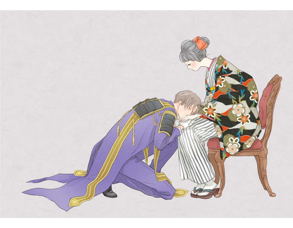 10s 1boy 1girl armor bow brown_hair chair closed_eyes female_saniwa_(touken_ranbu) geta gloves hair_bow hair_bun heshikiri_hasebe hetero japanese_armor japanese_clothes kimono kiss kissing_hand on_one_knee red_upholstery robe ruetteru saniwa_(touken_ranbu) short_hair shoulder_armor shoulder_pads silver_hair simple_background single_hair_bun sitting sode tabi touken_ranbu white_gloves