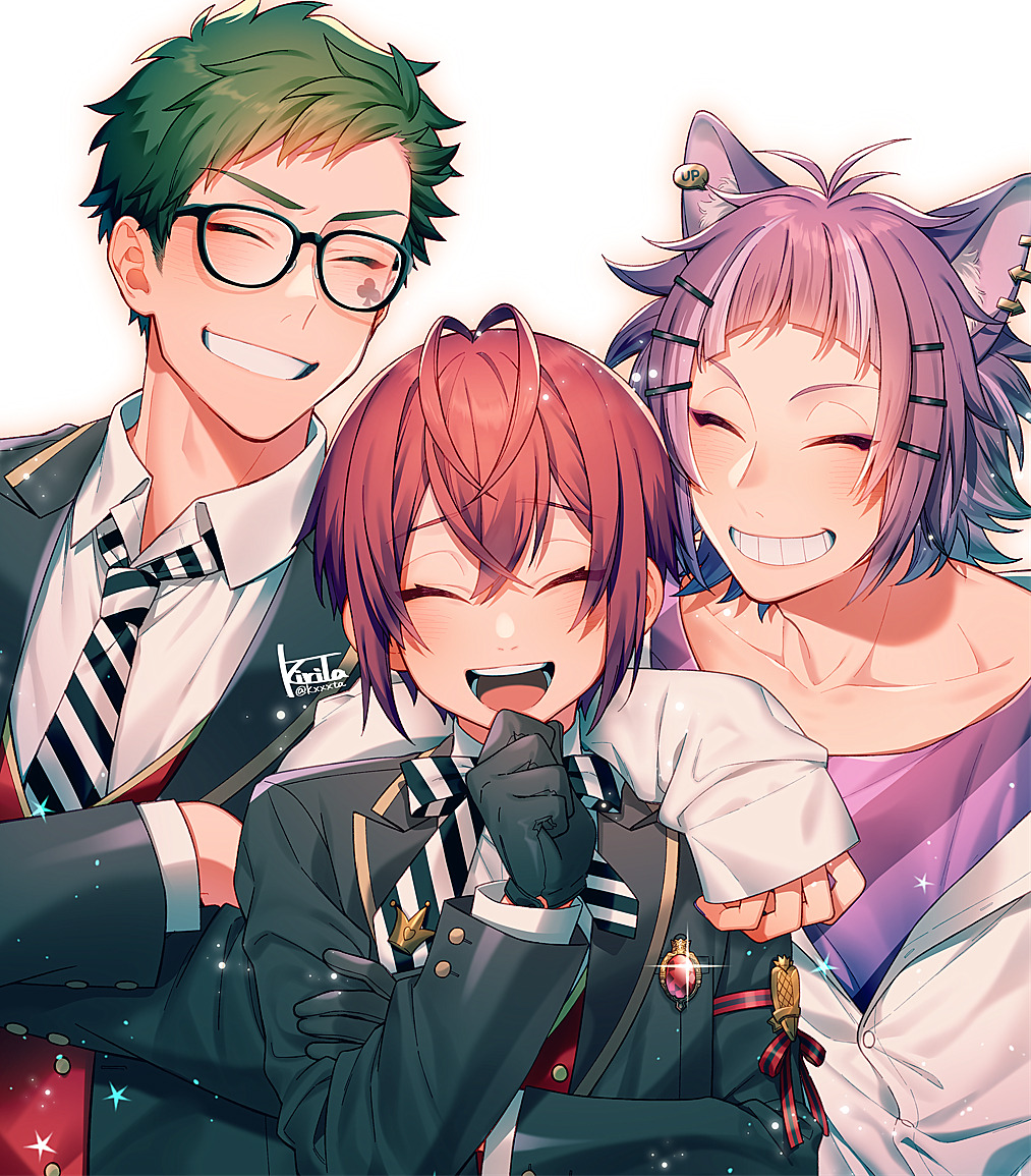 3boys animal_ear_fluff animal_ear_piercing animal_ears antenna_hair arm_on_another&#039;s_shoulder black_gloves cat_ears che&#039;nya club_(shape) club_facial_mark collarbone collared_shirt facial_mark glasses glint gloves green_hair grin kiri_futoshi laughing male_focus multiple_boys purple_hair red_hair riddle_rosehearts shirt short_hair signature simple_background smile teeth trey_clover twisted_wonderland upper_body white_background white_sleeves