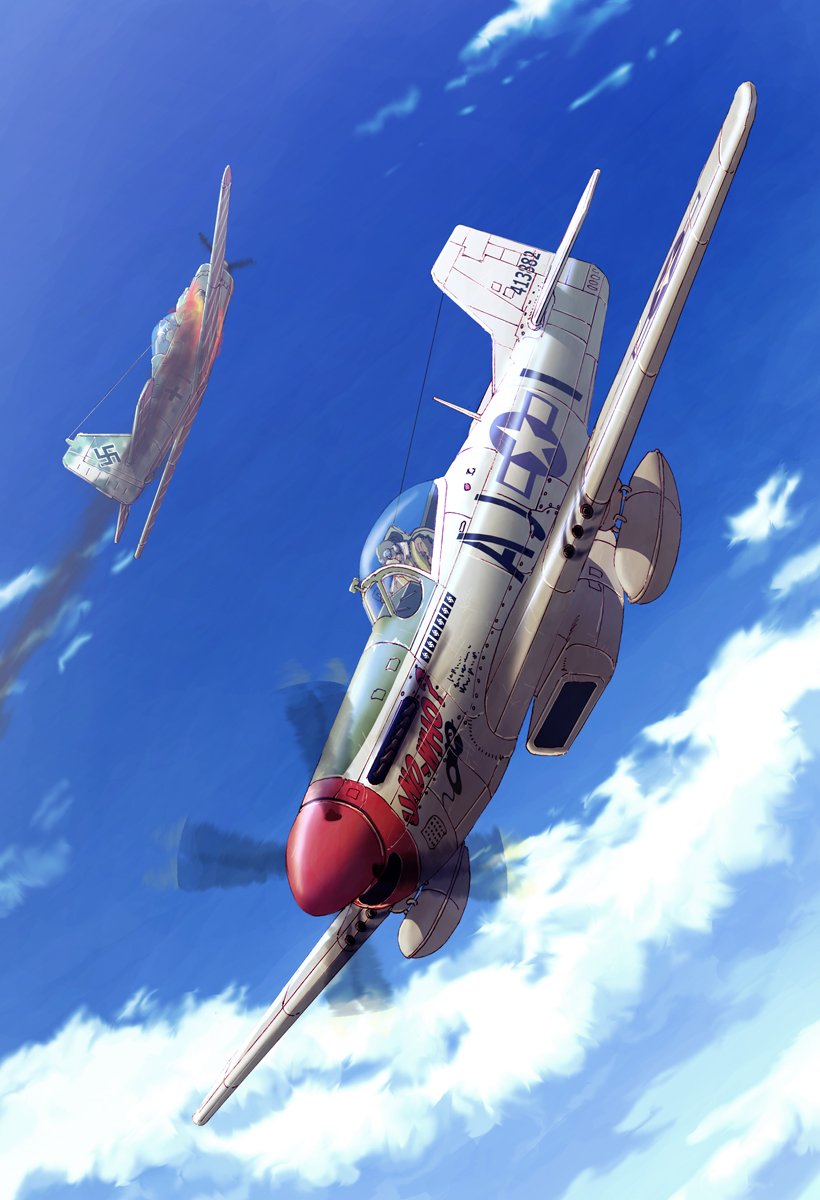 2boys aerial_battle aircraft airplane battle cloud damaged day dogfight earasensha escort_fighter aviator_goggles fw_190 gun highres jacket machine_gun military_vehicle multiple_boys original p-51_mustang pilot_suit propeller_fighter sky swastika tank_(container) vehicle_focus weapon world_war_ii