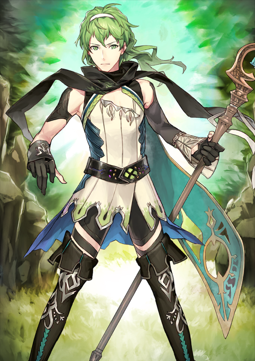 1boy belt black_belt black_boots black_gloves black_scarf black_shorts black_sleeves boots closed_mouth david_(fate) david_(third_ascension)_(fate) detached_sleeves fate/grand_order fate_(series) feet_out_of_frame ginka_sima gloves green_background green_eyes green_hair hairband holding holding_staff legs_apart long_hair looking_at_viewer male_focus official_art outstretched_arms partially_fingerless_gloves scarf shorts sleeveless solo staff standing thigh_boots thigh_strap third-party_source tunic v-shaped_eyebrows variant_set white_hairband