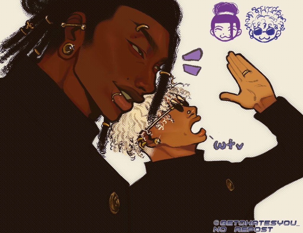 2boys :3 barbell_piercing black_hair curly_hair dark-skinned_male dark_skin dreadlocks ear_piercing earrings eyebrow_piercing getohatesyou getou_suguru glasses gojou_satoru grin industrial_piercing jewelry jujutsu_kaisen jujutsu_tech_uniform lip_piercing male_focus multiple_boys piercing smile stud_earrings white_hair