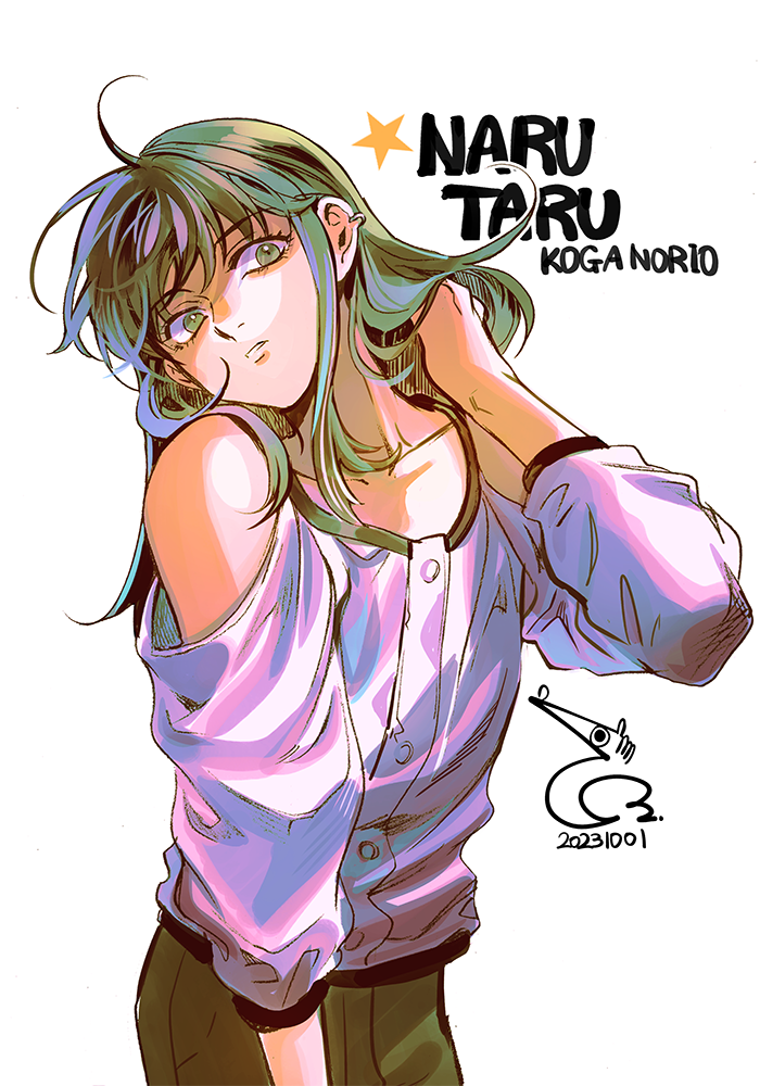 1boy bae_(baebae) black_hair black_pants character_name clothing_cutout commentary_request copyright_name cowboy_shot dated earrings expressionless grey_eyes hand_in_own_hair head_tilt jewelry koga_norio long_hair looking_at_viewer male_focus messy_hair narutaru pants parted_lips purple_shirt shirt shoulder_cutout sidelocks simple_background solo star_(symbol) trap white_background