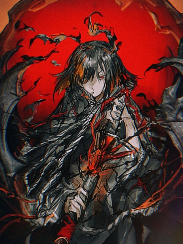 1girl 4th_match_flame_(e.g.o) antennae black_cape black_coat black_hair cape coat e.g.o_(project_moon) fire heinrich_(fernanderuddle) holding holding_sword holding_weapon limbus_company long_sleeves looking_at_viewer multicolored_hair ootachi orange_hair project_moon red_background ryoshu_(project_moon) short_hair solo streaked_hair sword weapon