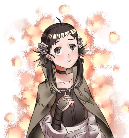 1girl brown_eyes brown_hair collared_cloak fire_emblem fire_emblem_fates flower freckles hair_flower hair_ornament hukuheibako lowres mozu_(fire_emblem) nintendo solo wrist_guards