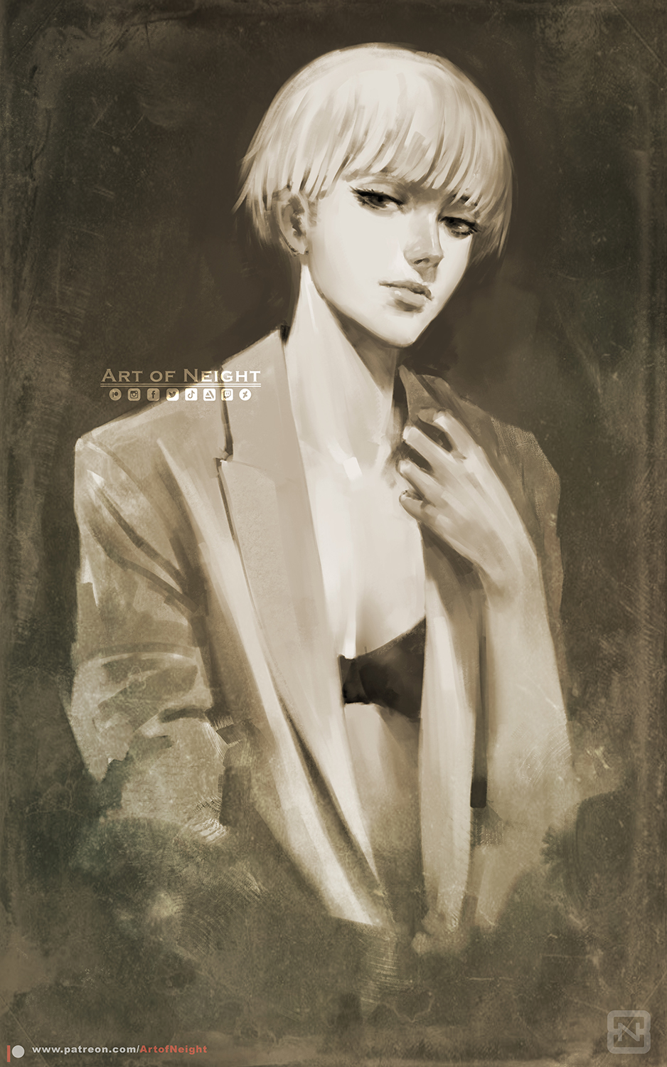 1girl armpits art_of_neight artstation_logo black_bra black_eyes blonde_hair bowl_cut bra breasts cleavage closed_mouth deviantart_logo english_text expressionless facebook_logo highres instagram_logo jacket lips looking_at_viewer open_clothes open_jacket patreon_logo patreon_username sepia shingeki_no_kyojin tiktok_logo twitch_logo twitter_logo underwear upper_body yelena_(shingeki_no_kyojin)