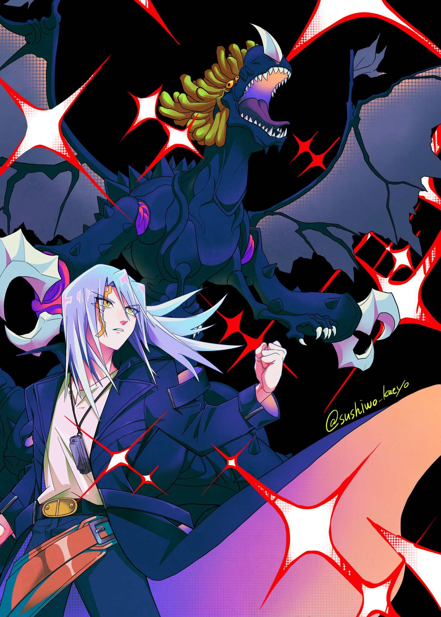 1boy black_background black_coat black_pants coat commentary_request cowboy_shot duel_monster extra_eyes facial_mark grey_hair harmonica highres infernity_doom_dragon instrument kiryu_kyosuke long_hair open_mouth pants red_eyes sharp_teeth shirt simple_background teeth tokiwajing white_shirt yellow_eyes yu-gi-oh! yu-gi-oh!_5d&#039;s