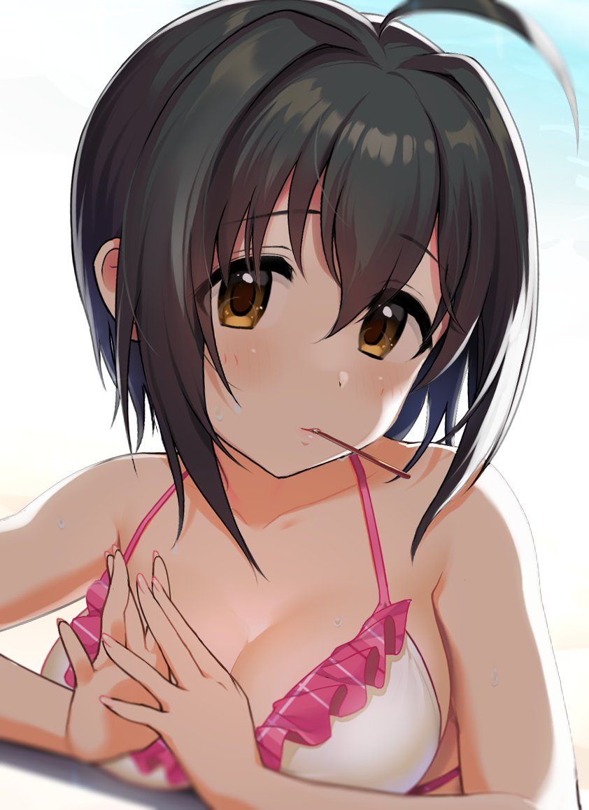 1girl ahoge backlighting bare_shoulders bikini black_hair blue_background blurry blurry_foreground blush breasts brown_eyes cleavage collarbone dot_nose fidgeting food_in_mouth frilled_bikini frills idolmaster idolmaster_cinderella_girls idolmaster_cinderella_girls_starlight_stage kohinata_miho looking_at_viewer medium_breasts mouth_hold natsuya_(natuya777) pink_nails pocky pocky_in_mouth short_hair shy sideboob simple_background solo sweatdrop swimsuit two-tone_background upper_body white_background white_bikini