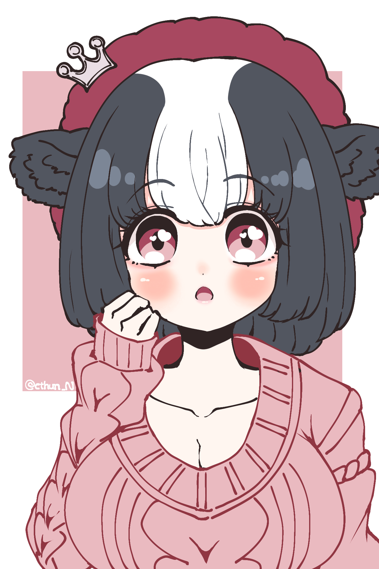 1girl animal_ears black_hair blush breasts cleavage cow_ears cow_girl cthun_n extra_ears hat highres holstein_friesian_cattle_(kemono_friends) kemono_friends large_breasts looking_at_viewer multicolored_hair pink_background red_eyes short_hair simple_background solo sweater two-tone_hair upper_body white_hair