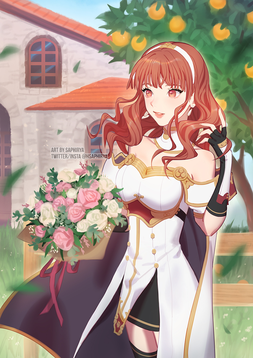 1girl armor black_skirt black_thighhighs bouquet breastplate breasts cape celica_(fire_emblem) choker dress earrings fence fingerless_gloves fire_emblem fire_emblem_echoes:_shadows_of_valentia flower food fruit fruit_tree gloves grass highres holding holding_bouquet house jewelry long_hair medium_breasts nintendo orange_(fruit) orange_eyes orange_hair princess red_eyes red_hair saphirya skirt thighhighs tiara tree white_armor white_dress