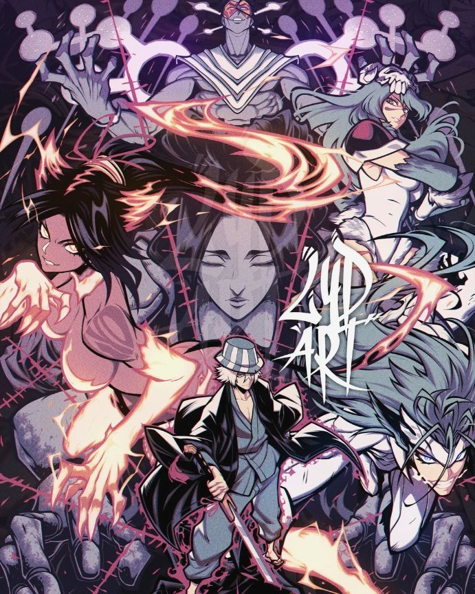 askin_nakk_le_vaar black_hair bleach bleach:_sennen_kessen-hen breasts green_hair grimmjow_jaegerjaquez large_breasts long_hair nelliel_tu_odelschwanck nude ponytail shihouin_yoruichi smile urahara_kisuke yellow_eyes