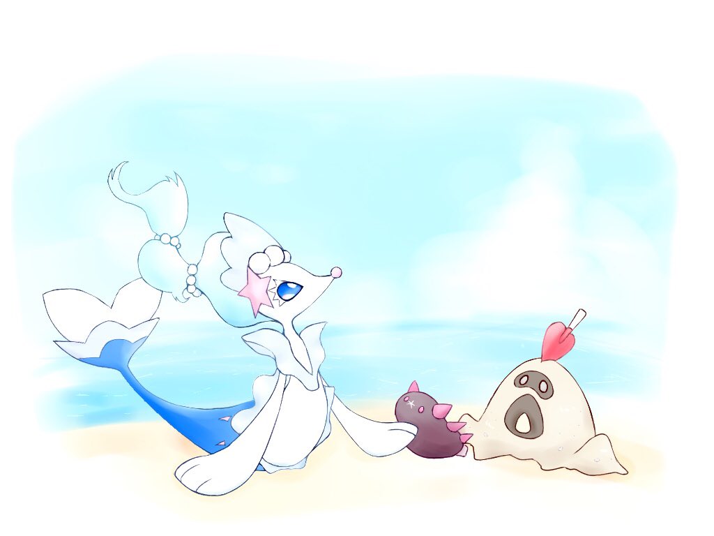 animal_focus beach blue_eyes blue_hair blue_sky cloud fireblast forked_tail gen_7_pokemon horizon long_hair multi-tied_hair nintendo no_humans pokemon pokemon_(creature) primarina pyukumuku sandygast sea_lion sky snout tail water