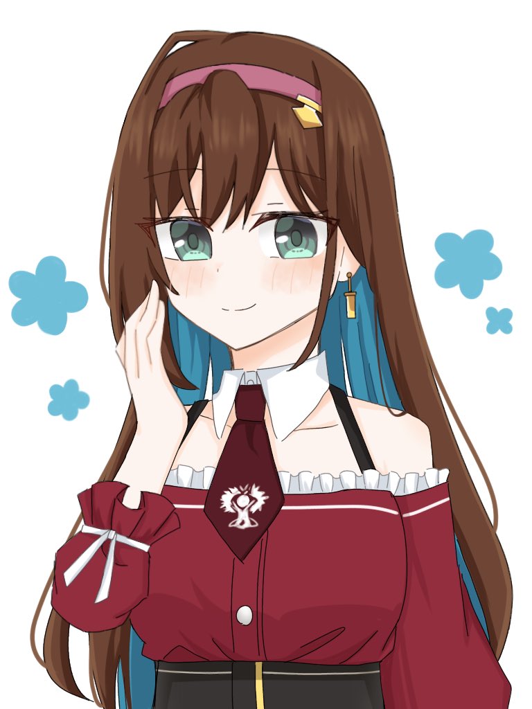 1girl aqua_hair arm_at_side assault_lily bare_shoulders blush brown_hair brown_necktie buttons closed_mouth collarbone colored_inner_hair commentary detached_collar detached_sleeves earrings flower_symbol frilled_shirt frilled_sleeves frills green_eyes hairband hand_up ishizuka_fujino jewelry kanba_girls_high_school_uniform long_sleeves looking_at_viewer multicolored_hair necktie pink_hairband red_shirt ribbon sana_(hs_yp1) school_emblem school_uniform shirt short_necktie simple_background sleeve_ribbon sleeveless sleeveless_shirt smile solo two-tone_hair upper_body white_background white_ribbon
