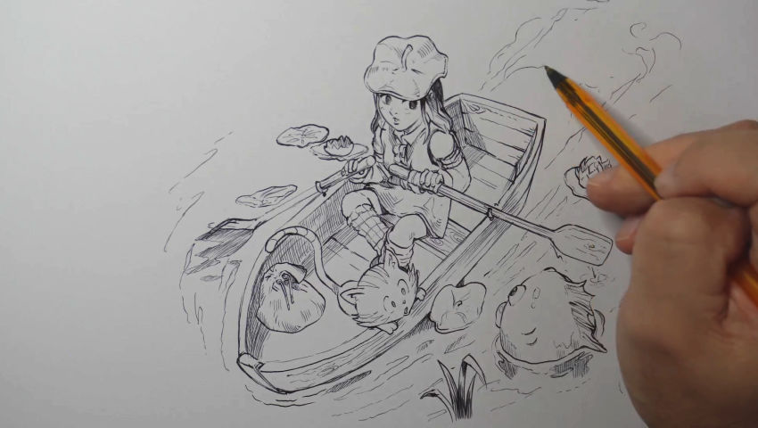 1girl 1other armband boat breasts carrot_(pepper&amp;carrot) cat checkered_armband checkered_clothes checkered_leg_warmers collared_shirt david_revoy flower grass leg_warmers lily_pad long_sleeves lotus medium_hair miniskirt oar open_mouth pepper&amp;carrot pepper_(pepper&amp;carrot) sack shirt shoes skirt vest water watercraft waves