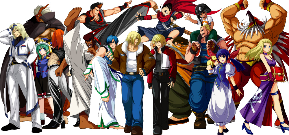b._jenet belt bird_mask black_belt black_cape black_hair black_shirt black_shoes blonde_hair bomber_jacket boots brown_shoes cape carrying carrying_over_shoulder carrying_person coat dougi dress everyone fatal_fury fighting_stance flying_kick formal_clothes freeman_(snk) futaba_hotaru garou:_mark_of_the_wolves gato_(snk) gloves grant_(snk) green_hair group_picture hokutomaru holding jacket kain_r_heinlein kevin_rian kicking kim_dong_hwan kim_jae_hoon long_hair long_sleeves marco_rodrigues marky martial_arts mask multiple_boys no~ma pants pet purple_dress red_scarf rock_howard scarf shiki_eiki shirt shoes smile suit taekwondo terry_bogard tizoc_(snk) touhou treasure_chest walking white_pants white_shirt white_suit wrestler