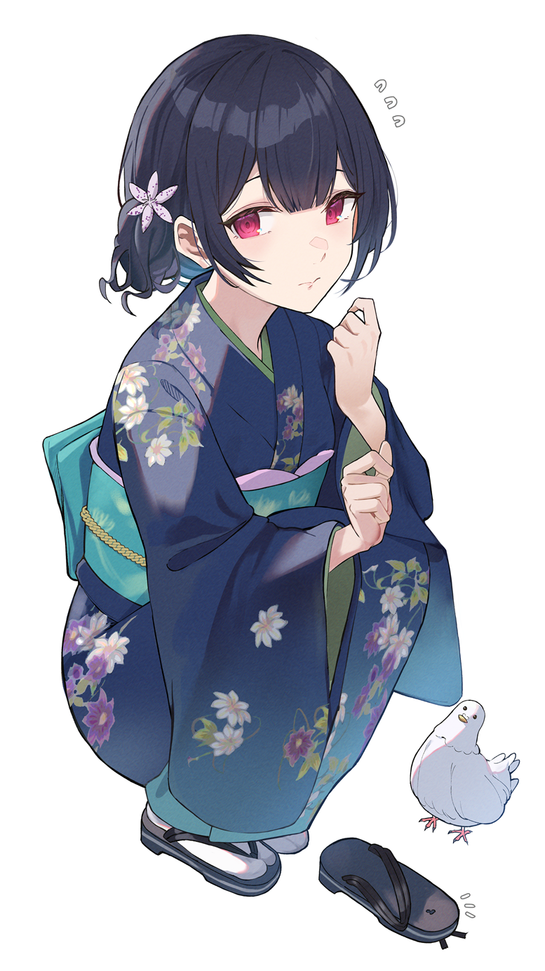 1girl aqua_sash black_hair blue_kimono closed_mouth commentary_request floral_print floral_print_kimono flower hair_bun hair_flower hair_ornament highres idolmaster idolmaster_shiny_colors japanese_clothes kimono morino_rinze niac obi print_kimono purple_flower red_eyes sandals sash short_hair single_sandal socks solo squatting white_socks
