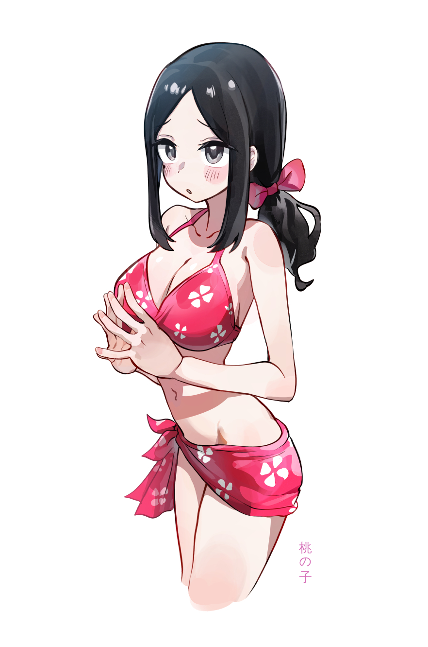1girl bikini black_eyes black_hair blush breasts cleavage collarbone commentary_request cropped_legs hair_ribbon highres large_breasts long_hair low_ponytail mo0o0rae navel own_hands_together parted_lips patterned_clothing ponytail red_bikini red_ribbon red_sarong ribbon sakurai_touko sarong senpai_ga_uzai_kouhai_no_hanashi simple_background solo steepled_fingers swimsuit translation_request white_background