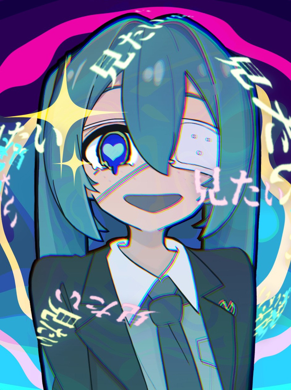 1girl black_jacket black_necktie blue_eyes blue_hair collared_shirt double-parted_bangs eyepatch freckles hair_between_eyes hair_intakes hatsune_miku heart heart-shaped_pupils highres jacket long_hair looking_at_viewer medical_eyepatch monitoring_(vocaloid) necktie open_clothes open_jacket open_mouth shirt solo spacecrab symbol-shaped_pupils white_shirt