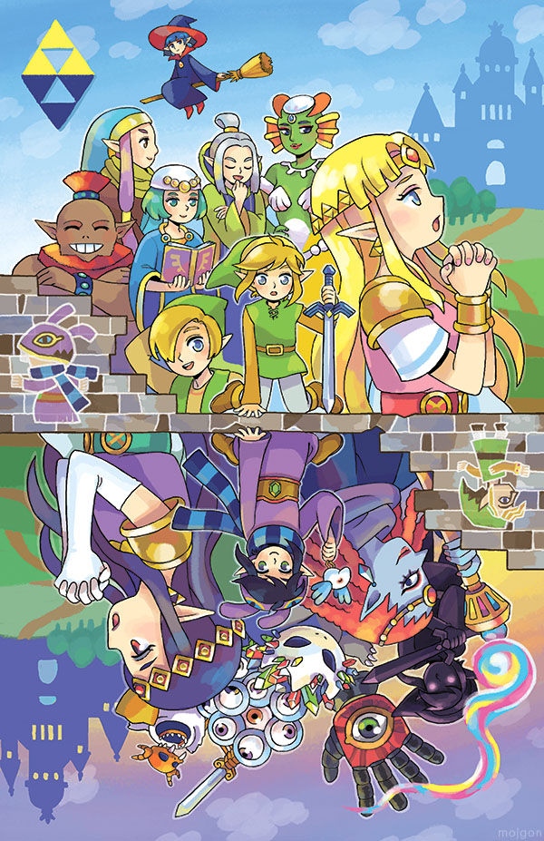 6+girls ^_^ arm_support bikini bird bird_on_hand blonde_hair blue_eyes blue_skin broom broom_riding castle child&#039;s_drawing circlet closed_eyes cloud colored_skin different_reflection everyone forehead_jewel green_hair green_skin grin gulley hair_over_one_eye hat holding holding_sword holding_weapon impa irene_(zelda) jewelry kneeling left-handed link mask master_sword mojgon multiple_boys multiple_girls nintendo osfala outdoors own_hands_clasped own_hands_together planted planted_sword planted_weapon pointy_ears praying princess princess_hilda princess_zelda purple_hair queen_oren ravio red_eyes reflection rosso_(zelda) scarf seres_(zelda) sheerow shell shell_bikini sidelocks sky smile spoilers striped_clothes striped_scarf sword the_legend_of_zelda the_legend_of_zelda:_a_link_between_worlds tiara toon_link triforce weapon wide_sleeves witch_hat yuga_(zelda) zora