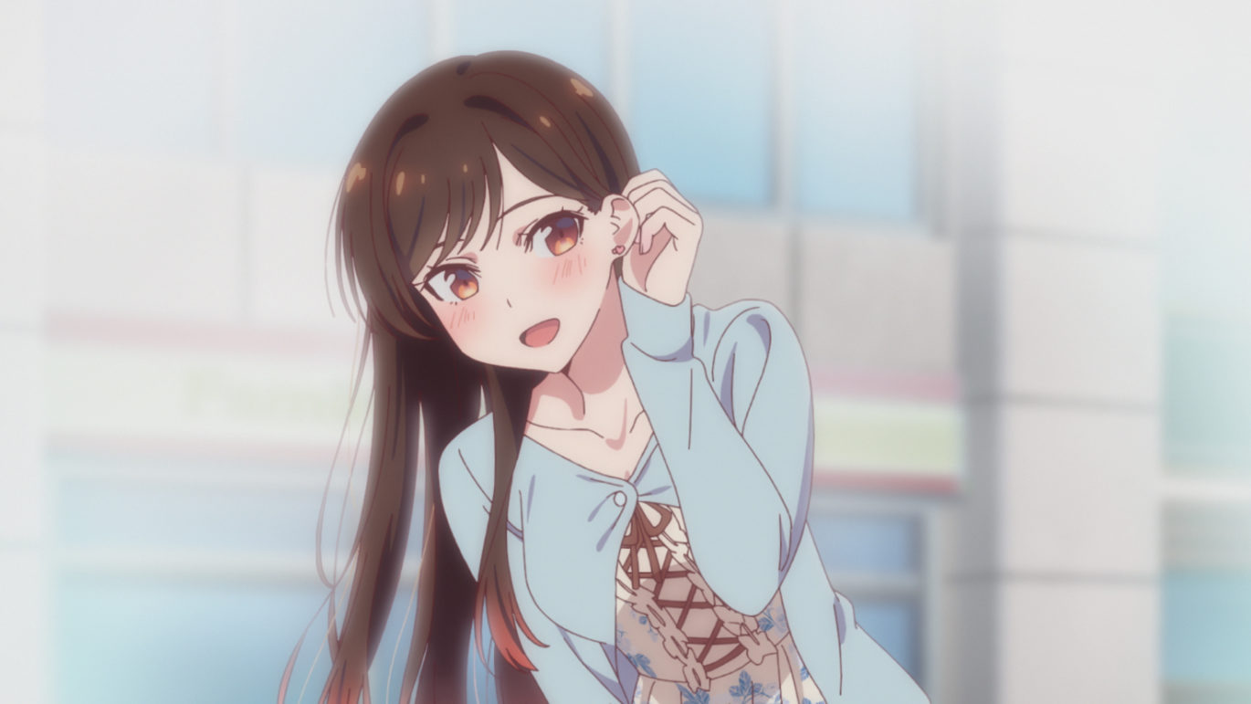 1girl :d anime_screenshot blue_shirt blurry blurry_background blush breasts brown_eyes brown_hair brown_ribbon dress earrings heart heart_earrings jewelry kanojo_okarishimasu leaning_to_the_side long_hair long_sleeves looking_at_viewer mizuhara_chizuru neck_ribbon official_art open_mouth ribbon shirt sleeves_past_wrists smile solo swept_bangs white_dress