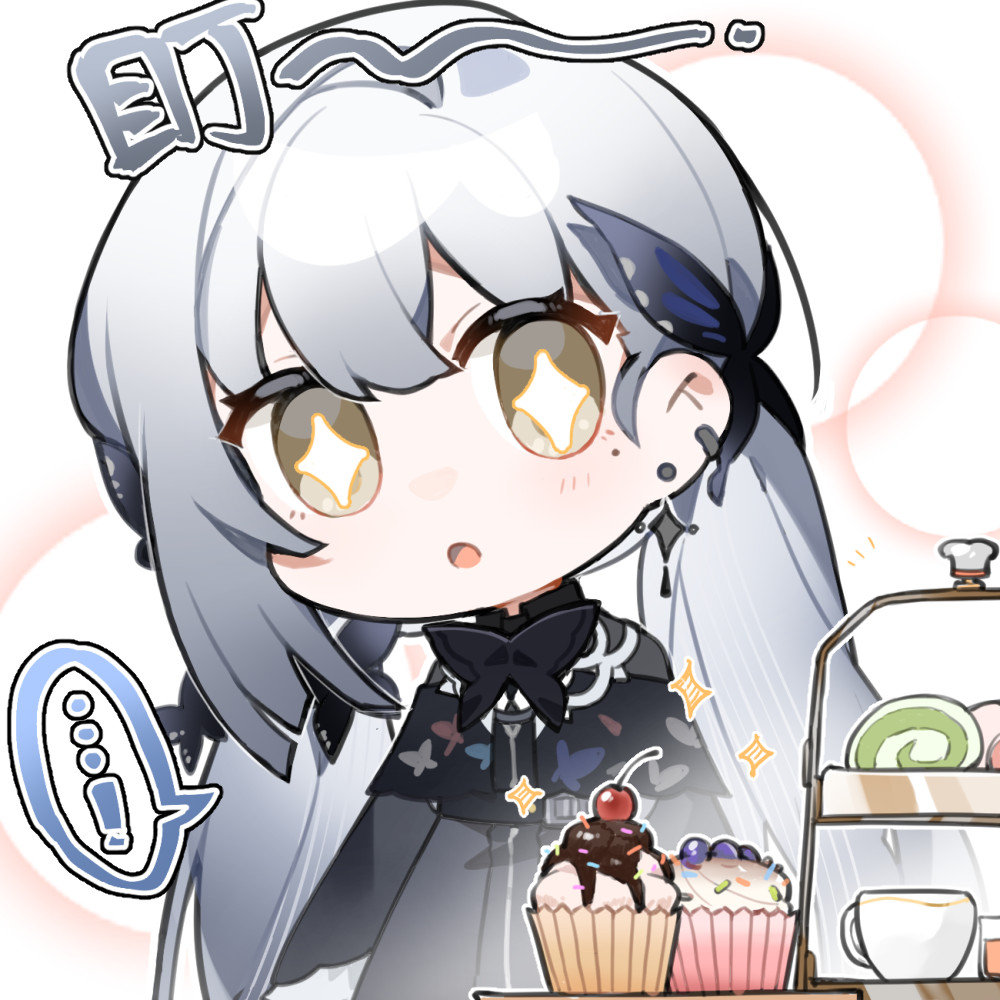...! 1girl artist_request blush cake cake_stand chibi chibi_only chinese_commentary chinese_text clotho_(neural_cloud) cupcake earrings food girls&#039;_frontline girls&#039;_frontline_neural_cloud grey_hair jewelry looking_at_food mole mole_under_eye official_art parted_lips second-party_source solo sparkling_eyes speech_bubble swiss_roll yellow_eyes